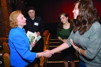 Holocaust survivor Ruth Bachner chats with high school students following her talk at the Jacob Burns Film Center last week on Holocaust Remembrance Day