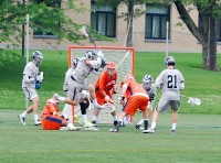 5-29 WP Gerken hackley at goal | The Examiner News Hackley middie Leo Barse sets up a shot against Fieldston Wednesday in the NYSAIS Boys Lacrosse Championship at Manhattanville College. The Hornets won 15-5 to claim the state title.