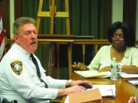 yorktown Police Chief daniel McMahon discusses his department’s need for a new dog as town Clerk alice roker looks on.