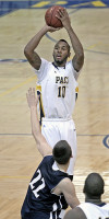 1-29Pace1-Jonathan Merceus | The Examiner News Pace University forward Jonathan Merceus shoots the ballin last Wednesday's game vs. Southern New Hampshire. Photo by Andy Jacobs