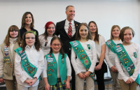 Rep. Maloney with Girl Scouts from Mahopac who sang the National Anthem. Frontrow: Emma Lubbers, Emily Gualdino, Michaela Milmerstadt, Willow Marshall.
Back row:Sydney Hughes, Mahopac GS leader Denise Milmerstadt, Josephine
Keddy, Rep. Sean Patrick Maloney, Jessica Burke and Sara Bottema.