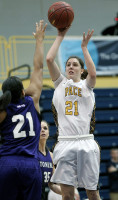  Pace University guard Jessica Scannell shoots the ball in Saturday's overtime loss to Stonehill. Photo by Andy Jacobs 