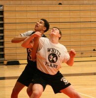 In order for the White Plains Men’s Basketball Team to have any success in the Section 1 Playoffs, center Nate Hudson (left) and forward Robert Lorden will have to battle other teams post-players like they battled each other in practice at WPHS. Photo by Albert Coqueran                                                                  