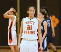 WPHS Photo-1 | The Examiner News WPHS Photo 1- White Plains senior forward Alyssa Ghilardi scored a double-double with 16 points and 16 rebounds in the Lady Tigers loss to The Ursuline School, 62-41, at WPHS, on Thursday, Jan. 31. Photo by Albert Coqueran