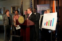 BOL Majority Leader Pete Harckham at the podium and other county legislators from left to right: MaryJane Shimsky, Alfreda Williams, Bill Ryan, BOL Chairman Ken Jenkins, Catherine Borgia and Judith Myers. Photo courtesy of Aviva Meyer