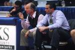 Former Putnam Valley High basketball Coach Ed Wallach (L) takes in his last moments as Tigers coach with PV girls’ Coach Aldo Redendo by his side.