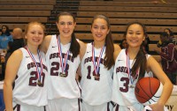“BESTIES” – BFF’s since the fourth grade, Ossining’s Alex Cristello, Kat Polletta, Daniella Ferrao and Danielle Gervacio sport their NYS championship medals after the Pride captured the NYSPHSAA Class AA championship with an 86-69 victory over Gates-Chili (Section 3) last Saturday at HVCC in Troy, securing the first girls’ hoops state title in school history. (MJ CAVANAGH PHOTO)