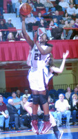 Ossining F Shadeen Samuels powers her way to two points in the Pride’s 83-51 Section 1 Class AA title-clinching win over Lourdes. (RAY GALLAGHER PHOTOS)