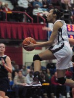 chong | The Examiner News Ossining G Saniya Chong soars to rack for two of her 39 points in the Pride’s 83-51 Section 1 Class AA title-clinching win over Lourdes to complete the three-peat last Sunday at the Westchester County Center.