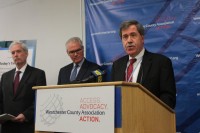 White Plains Hospital CEO Jon Schandler speaking at last week's Westchester County Association's press conference where the business organization released a report that issued a warning about the possible closure of hospitals.