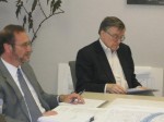 297 Chap Crossing Discussion pic | The Examiner News Town consultant Michael Galante, left, and New Castle Planning Board Chairman Richard Brownell discuss the Chappaqua Crossing retail development plan last week.