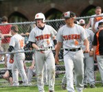 Tigers Head Coach Marcel Galligani (right) and his Team Captain catcher Kyle Adams (left) try to figure out how to approach the plate and muster some offense against the Raiders, on Friday, May 10. Photo by Albert Coqueran