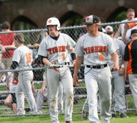 WPHS Photo-2 | The Examiner News Tigers Head Coach Marcel Galligani (right) and his Team Captain catcher Kyle Adams (left) try to figure out how to approach the plate and muster some offense against the Raiders, on Friday, May 10. Photo by Albert Coqueran