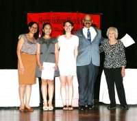 The Tarrytown Seniors honored the late Alyce N. Coqueran by presenting two 0 scholarships in her name at the Sleepy Hollow High School Awards ceremony on June 3. (L-r) Aurette Coqueran (Alyce’s daughter), scholarship winners Tricia Guarin and Natalie LaRue, Albert Coqueran (son) and Tarrytown Senior Elaine Kosloff. Photo by Martha Richman