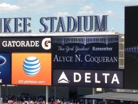 The New York Yankees displayed a fitting tribute to the late Alyce N. Coqueran, a lifelong Tarrytown resident, on their scoreboard on Wednesday, June 5, during the Yankees versus Cleveland Indians game, with 27 members of the Coqueran Family in attendance. Photo by Kirsten Robinson.  
