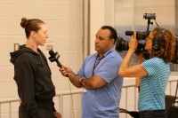 Legendary scorer Katie Smith (left) joins the NY Liberty this season. Smith is second on the WNBA All-Time Scoring list. She is interviewed by the MSG Network at the Liberty Training Facility in Greenburgh. Photo by Albert Coqueran   