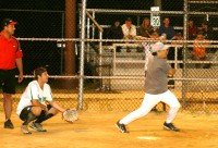 Catcher Jimmy Brown tried to get the offense going at the plate for Lazy Boys, but they came up one run short, losing 11-10, to Green Onions, at Delfino Park, on Thursday. Photo by Albert Coqueran