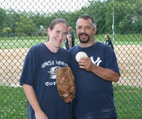 The battery for Dingleberries (left) catcher Katie Letcheo and pitcher Tony Napoletano were certainly up to the task but lost 9-6 to Elements, who secured the number one seed in the White Plains Recreation Coed D-1 Softball Playoffs. Photo by Albert Coqueran