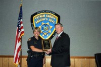 Deputy Sheriff Corinne Pitt, the school resource officer assigned to Putnam Valley Middle and High Schools, was recently honored by the National Association of School Resource Officers. She is joined by Sheriff Don Smith. 