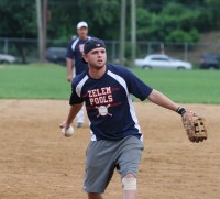 Back Page Photo | The Examiner News Steve Zelem, Jr. the pitcher and co-owner of Zelem Pools pitched his team to a 9-5 record and fifth seed in the Residential C Playoffs with a 12-7 win over Beechmont Tavern, on Thursday, August 8, at Carl J. Delfino Park. Photo by Albert Coqueran