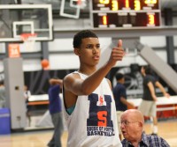 Tigers wingman Jordan Tucker gives a thumbs-up during the game against Sacred Heart H.S. in the House of Sports Summer League, in Ardsley. Tucker joining the Tigers is definitely a thumps-up for WPHS. Photo by Albert Coqueran 