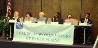 Panelists at the League of Women Voters Community Forum on the Westchester County/HUD Housing Settlement Agreement (l to r) Mary Jennings Mahon, Senior Assistant to the County Executive, Norma V. Drummond, Deputy Commissioner, County Planning Dept., Judith Myers, County Legislator (D-Larchmont), Bryan Greene, Acting Assistant Secretary for Fair Housing, HUD, Mirza Orriols, Acting Administrator, Region II, New York and New Jersey, HUD, and James E. Johnson, Federal Court-appointed Housing Monitor.