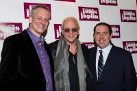Todd Gershwin, far right, of Purchase, and Armonk resident Dan Chilewich, far  left, with writer and director Randy Johnson taken at the opening of "A Night With Janis Joplin" at Broadway's Lyceum Theatre. Lyn Hughes photo 