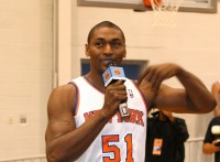Knicks new acquisition, Metta World Peace (the former Ron Artest) entertains Knicks Media Day by turning the tables on the media by coming out and taking over the microphone and interviewing members of the media. Photo by Albert Coqueran