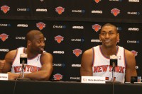 Knicks-4 | The Examiner News With 5.8 assists per game last season, guard Raymond Felton (left) surely welcomes the addition of Metta World Peace (right) to the Knicks. World Peace can shoot from the outside; snatch rebounds and knows how to get in position for the dish-off when Felton is penetrating to the hoop. Photo by Albert Coqueran