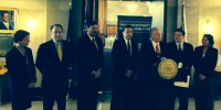 BOL Coalition | The Examiner News Legislator Michael Kaplowitz, at the podium, announces the bipartisan BOL leadership team. To the right are James Maisano and Virginia Perez. To the left, five republican legislators who came to support the announcement Thursday.