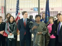 Assemblyman David Buchwald with Senator Andrea-Stewart Cousins at a press conference last week announce a change in the legal filing status for middle names on driver’s licenses and registrations.