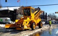 The White Plains Snow Loader, mechanically reconfigured from loading dirt to snow is one of White Plains’ storm emergency secret weapons. Pat Casey Photos.