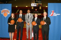 The home of the new NY Knicks Development League Team will be the Westchester County Center. As announced on Monday, by (l-r) Kathleen O’Connor, Commissioner of Westchester Parks, Dan Reed President, Development League, Allan Houston, the GM of the Knicks D-League Team, Westchester County Executive Robert Astorino and Board of Legislators Chairman Michael Kaplowitz, at the Westchester County Center. Photo by Albert Coqueran