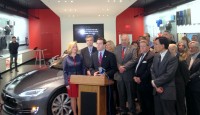 Tesla | The Examiner News Assemblyman Buchwald is joined at the podium by Tesla Vice President of Regulatory Affairs and Associate General Counsel James Chen, White Plains Mayor Tom Roach and Mount Kisco Mayor Michael Cindrich, NY League of Conservation Voters Westchester Chapter Chair Nanette Bourne, Natural Resources Defense Council Director of Vehicles and Fuels Luke Tonachel, Environmental Entrepreneurs NY Metro Chapter Co-Director Chris Arndt, Lower Hudson Sierra Club Representative Ed Berry, Bedford 2020 Senior Vice President Olivia Farr, EcoNeighbors Co-Founder Marie McCann, Sustainable North Castle Co-Chair Eileen Joy, Westchester County Legislator Peter Harckham (D-North Salem), Members of the White Plains Common Council - John Kirkpatrick, Milagros Lecuona, John M. Martin and Beth Smayda, and other environmental and business advocates from across Westchester County and New York State.