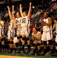 Ossining girls revel in the moment during their valiant fourth-quarter comeback effort, which fell just short in the Pride's 63-57 loss to Long Island Lutheran Saturday night at the Times Union Center in Albany. Ray Gallagher Photo
