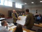New Castle Building Inspector William Maskiell points to the Chappaqua Station site plan to talk about fire and safety hazards that would be created by the affordable housing project.