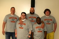 On Thursday, April 24, Special Olympics at White Plains High School held their annual Homecoming Day basketball game. The Tigers Special Olympics team included (front l-r) Mike Abele and Korey Colas. The White Plains Special Olympic team was led by (back l-r) Head Coach Kevin Brown, Assistant Coach Mike Beaton and Student Assistant senior Austin Cunny. Albert Coqueran Photo