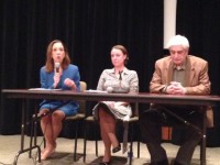 (L to r) Assemblywoman Amy Paulin, Sarah Porter and Stuart Perrin discuss Human Trafficking issues during an evening discussion at Scarsdale Public Library.