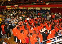 Fans including about 250 children, some from the Slater Community Center in White Plains, wait in anticipation for the announcement of the name of the new Knicks Developmental Team at the Westchester County Center. The name of the team is the Westchester Knicks, as decided by a vote of the fans. Albert Coqueran Photo                                             
