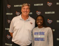 NY Liberty Head Coach Bill Laimbeer (left) welcomes a healthy Essence Carson back to the Liberty starting line-up for the 2014 season, during Media Day at the MSG Training Center in Greenburgh. Carson missed all but the first four games of the 2013 season due to a torn ACL. Albert Coqueran Photos
