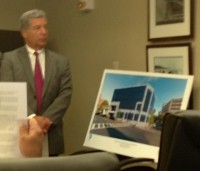 Paul Guillaro, president and CEO of White Plains-based Unicorn Contracting and general partner of Post Road Associates, LLC, presents an architect’s rendering of the proposed renovations for 101 East Post Road.