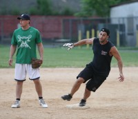 Mansion Broadway Manager and rightfielder Joe Pasqualini (right) rounds second base and later scores, as Mansion Broadway beat Brazen Fox, 17-11, in Men’s Residential C Softball League game, at Delfino Park, on Thursday, July 10. Albert Coqueran Photos