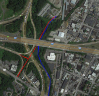 The total cost of the Route 9A bypass project is expected to be  million to  million depending upon the route, with the town paying about 25 percent. The blue option has the lower cost of  million; the red option at a greater cost of -20 million.