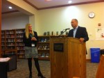 Pleasantville resident John Mueller, who is fundraising to help the school district secure a substance abuse counselor, addresses drug prevention efforts at Tuesday's board of education meeting as Superintendent Mary Fox-Alter looks on.