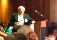 FASNY-1 | The Examiner News Jack Harrington, wearing an anti-FASNY button, known by many as the Father of the White Plains Greenway and an open space activist, spoke first on Sept. 8 about the need to preserve as much of White Plains open space as possible. Harrington also noted that maintaining the city’s sense of place, especially relating to its importance in history could be destroyed by over development.