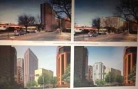 WP Common Council | The Examiner News Screen shot of architect’s rendering shows the original tall building plan on the left in comparison to the 100-ft. shorter building design on the right for LCOR’s 55 Bank Street Housing development. The residential development is in the center of the view. The white building pictured next to the housing development is not part of the current site plan, but is part of another phase of construction that might include a hotel.