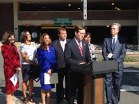 : Federal, state and city officials called on Thomas Prendergast, Chairman and CEO of the MTA to take tangible steps toward a revitalized White Plains Metro-North train station as part of the upcoming MTA 5-year capital plan at a press conference in front of the busy TransCenter on Sept. 18. Pictured from left to right: Congresswoman Nita Lowey’s District Director Pat Keegan, Veronica Vanterpool, Executive Director of the Tri-State Transportation Campaign, NYS Assemblywoman Amy Paulin, NYS Senator George Latimer, NYS Assemblyman David Buchwald, NYS Senator Andrea Stewart-Cousins, and White Plains Mayor Tom Roach.