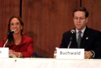 Assemblywoman Amy Paulin and Assemblyman David Buchwald at a recent candidates forum sponsored by the League of Women Voters in White Plains.