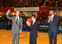 : [L-r] NBA Commissioner Adam Silver is applauded by Westchester County Executive Robert Astorino and Westchester Knicks General Manager Allan Houston as he greets fans at the Westchester County Center during pregame festivities at the Home Opener of the Westchester Knicks, on November 19. Albert Coqueran Photos