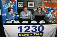 Jordan Griffith (center), a 2007 graduate of White Plains High School will be the Color Commentator with Play-by-Play broadcaster David Resnick (left) and Chris DeAngelo (right), for Westchester Knicks games, on WFAS-AM 1230 and WFAS-AM 94.3. The broadcast trio announced the Westchester Knicks inaugural draftees from Buffalo Wild Wings, on Saturday. Albert Coqueran Photos